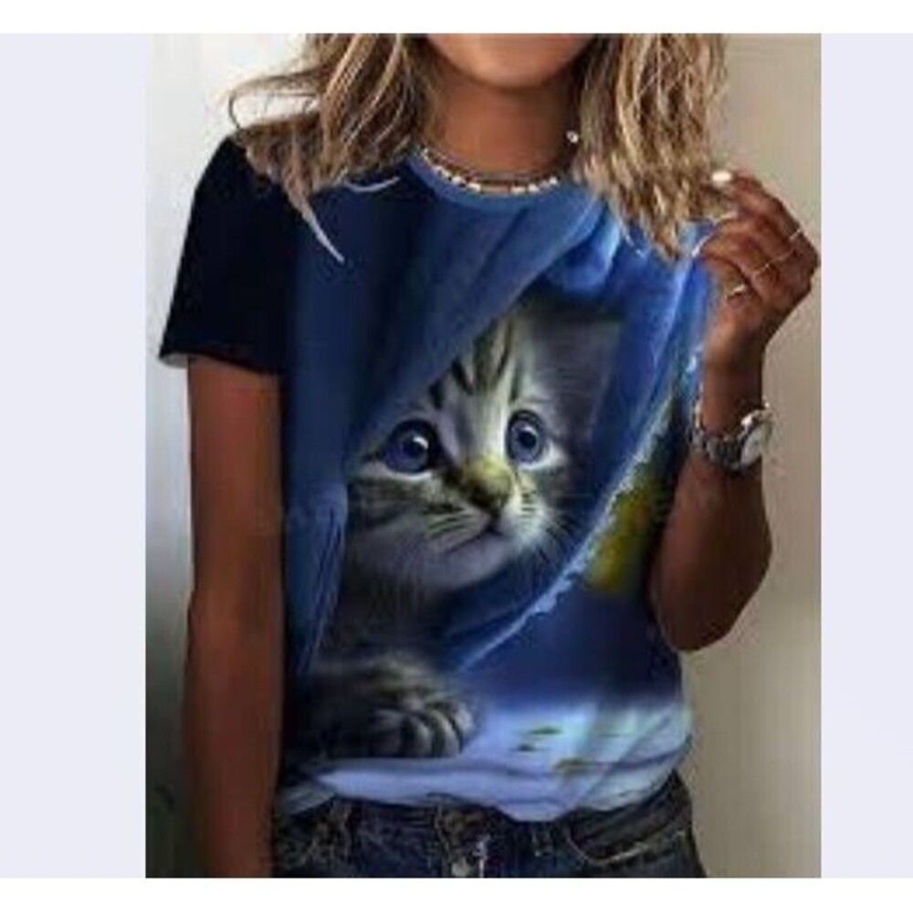 Shein Women's size 12 Blue Eyed Kitten All Over Print T-Shirt Short Sleeve